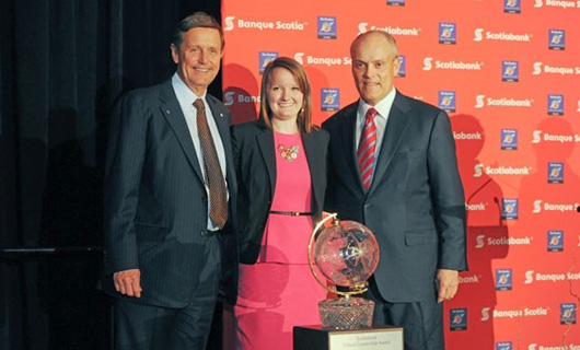 Dal student Rebecca Rogez with Scotiabank CEO Rich Waugh and President Brian Porter