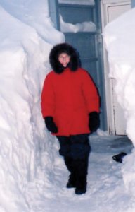 Outside the entrance to the hotel in Arviat, Nunavut in 2000.