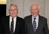 Stuart MacKinnon (BSc'55. LLB'60) and Robert Cooper (DDS'65) proudly wear their gold D pins, representing outstanding student involvement during their time at Dal.
