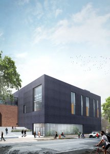A rendition of the exterior of one of two new buildings of the IDEA project, dubbed the “Design Building.”