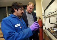 Kevin Sullivan, right, and chemist Zia Ziaullah in the lab at Appili Therapeutics, a drug development company that just announced that it had been awarded a US $1.2-million grant from the United States Department of Defence.