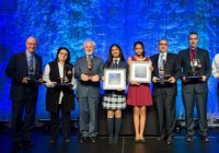 This year's Discovery Award winners, including Dal individuals Peter Allen (far left), Ghada Koleilat (second from left) and Mohamed Abdolell (third from right). (Discovery Centre photo)