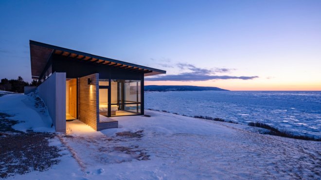 The architect Omar Gandhi’s Lookout at Broad Cove Marsh, constructed on a Cape Breton cliffside in 2016 using concrete and whitewashed local spruce.Credit...Andrew Rowat