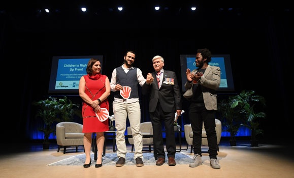 Panel discussion participants take the stage at event's end. Left to right: Dallaire Initiative Executive Director Shelly Whitman; Omar Khadr; Lieutenant-General The Honourable Roméo Dallaire (Ret); Ishmael Beah. (Danny Abriel photos)