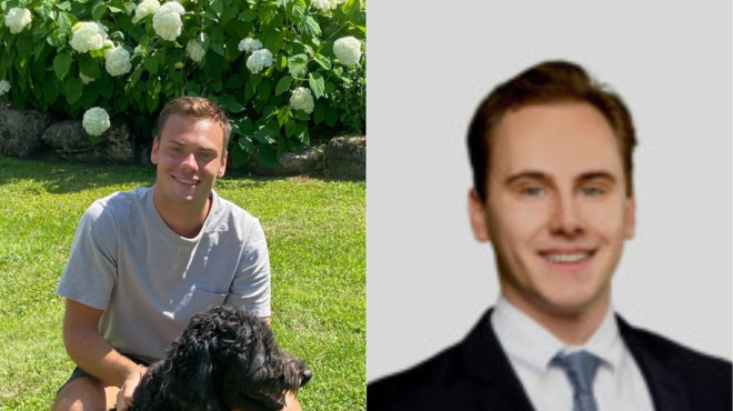 Left is a picture of Noah with his dog Ziggy. The right is a photo of Conrad smiling while wearing a business attire.