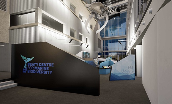 An interior rendering of the Beaty Centre for Marine Biodiversity with signs and displays
